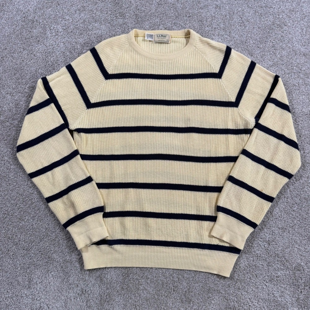 Vintage LL Bean Mens Cream Navy Striped Cotton Crewneck Sweater L Made in USA